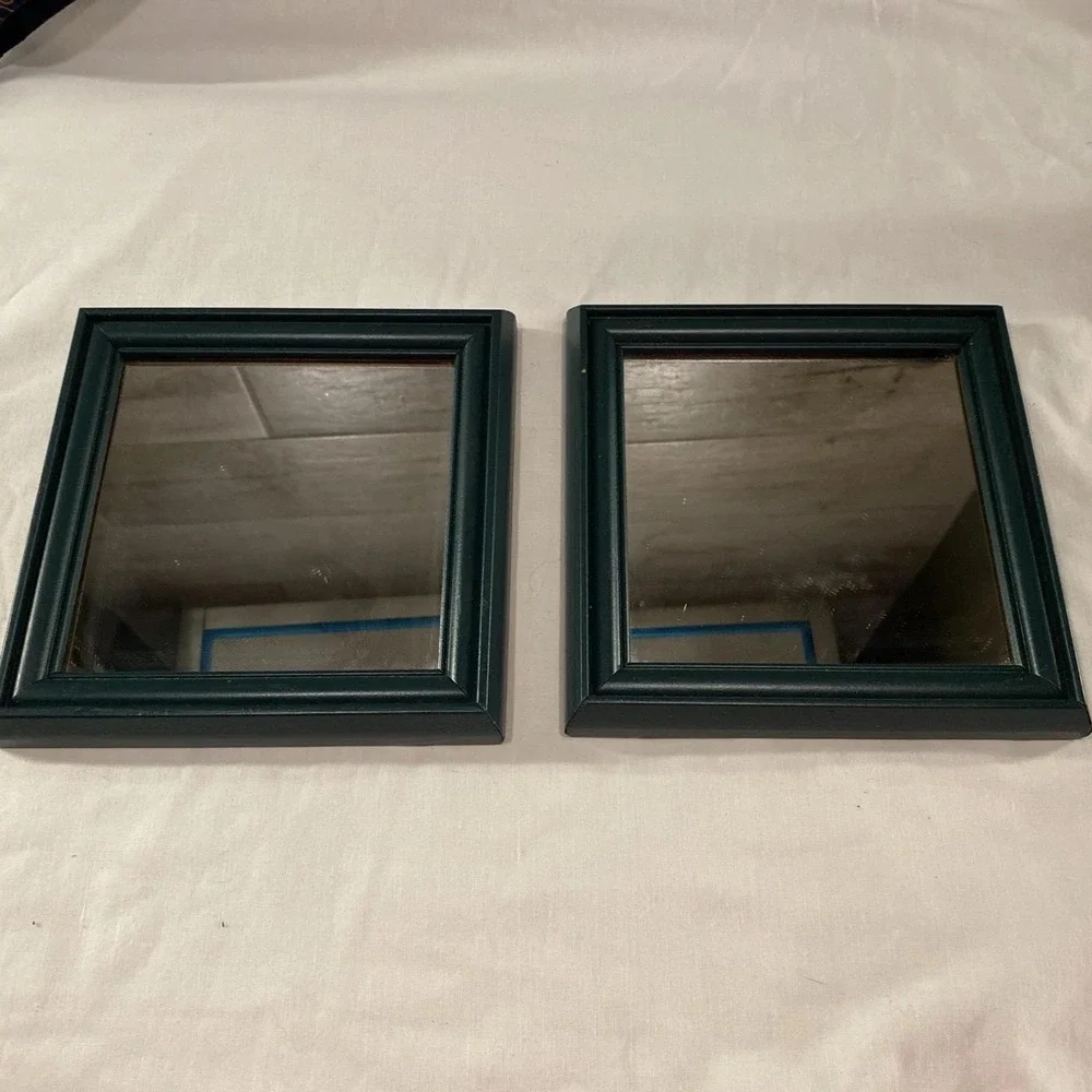 Set Of 2 Vintage Dark Green Wooden Framed Mirrors 7.5 X 7.5 Inches